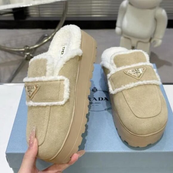 Prada Beige Suede Shearling Mules - Picture 2 of 8